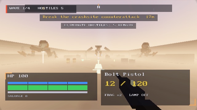 A first-person frame from Ashfall: a bolt pistol held at the lower right, mech silhouettes advancing through dust, and a health and ammo HUD.