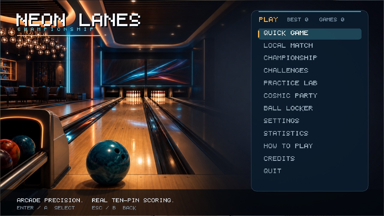 The 3D Bowling title screen: the alley rendered behind a menu, with the game's name and menu entries composited over it.