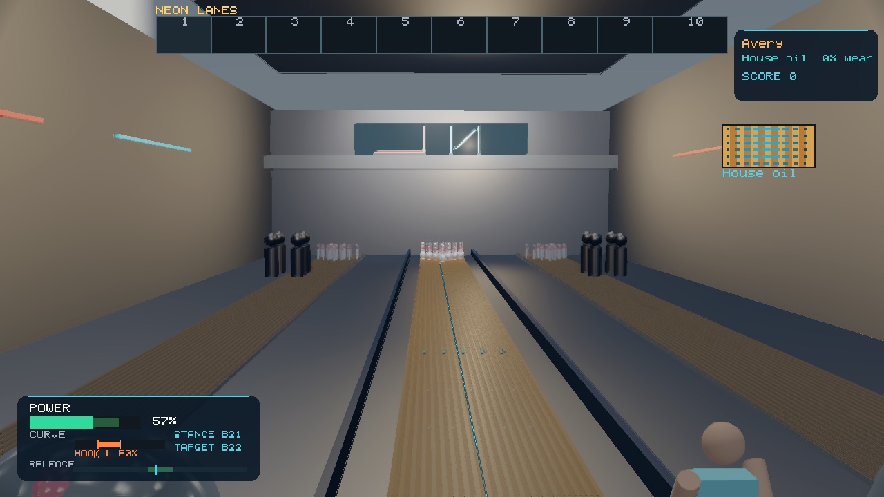 A frame from the 3D Bowling demo rendered by the Zanna runtime
