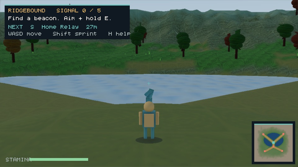 A third-person view from the Ridgebound demo: a character at a lakeside with wooded hills behind