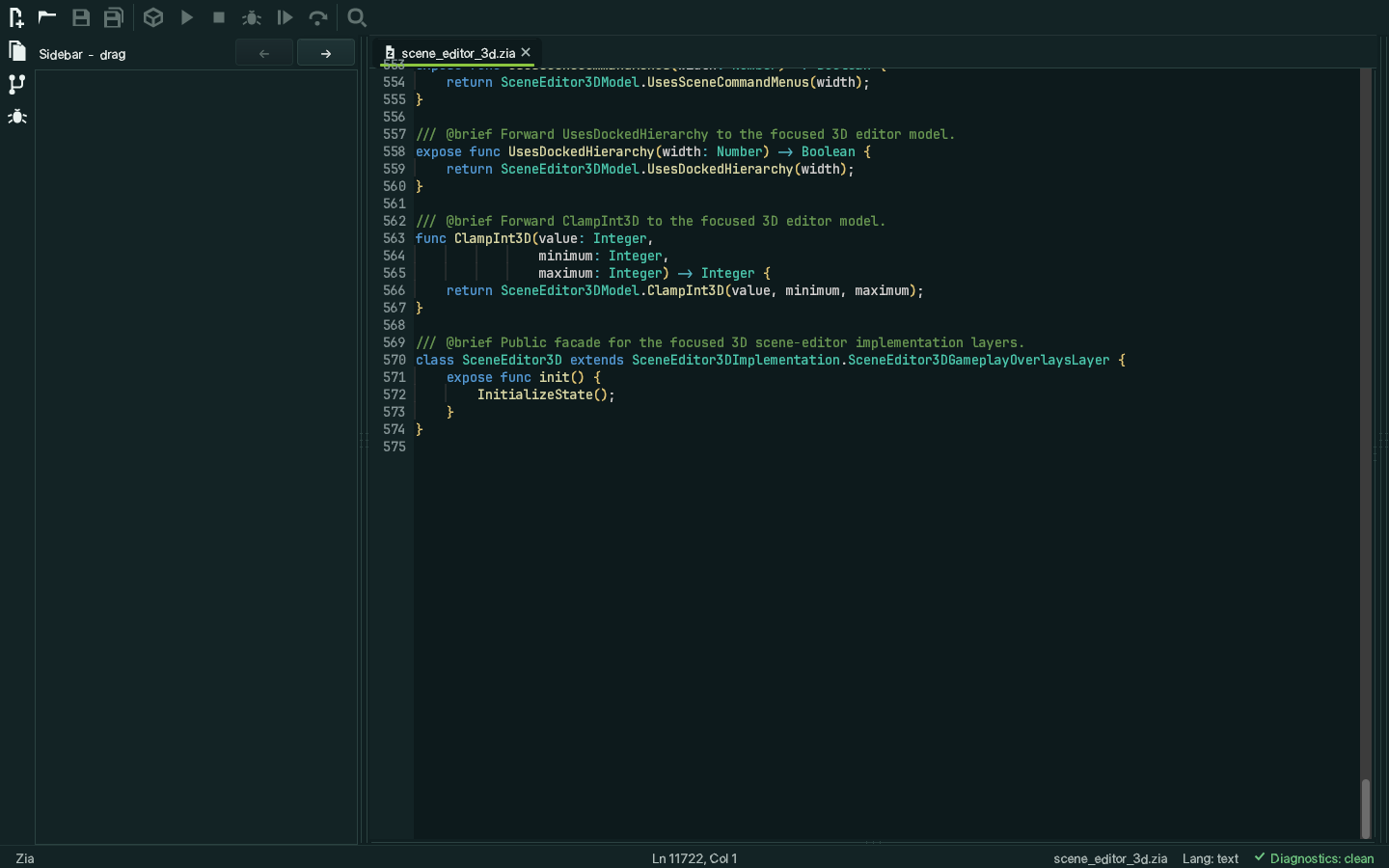 Zanna Studio editing scene_editor_3d.zia, with syntax highlighting, line numbers, a document tab and a status bar