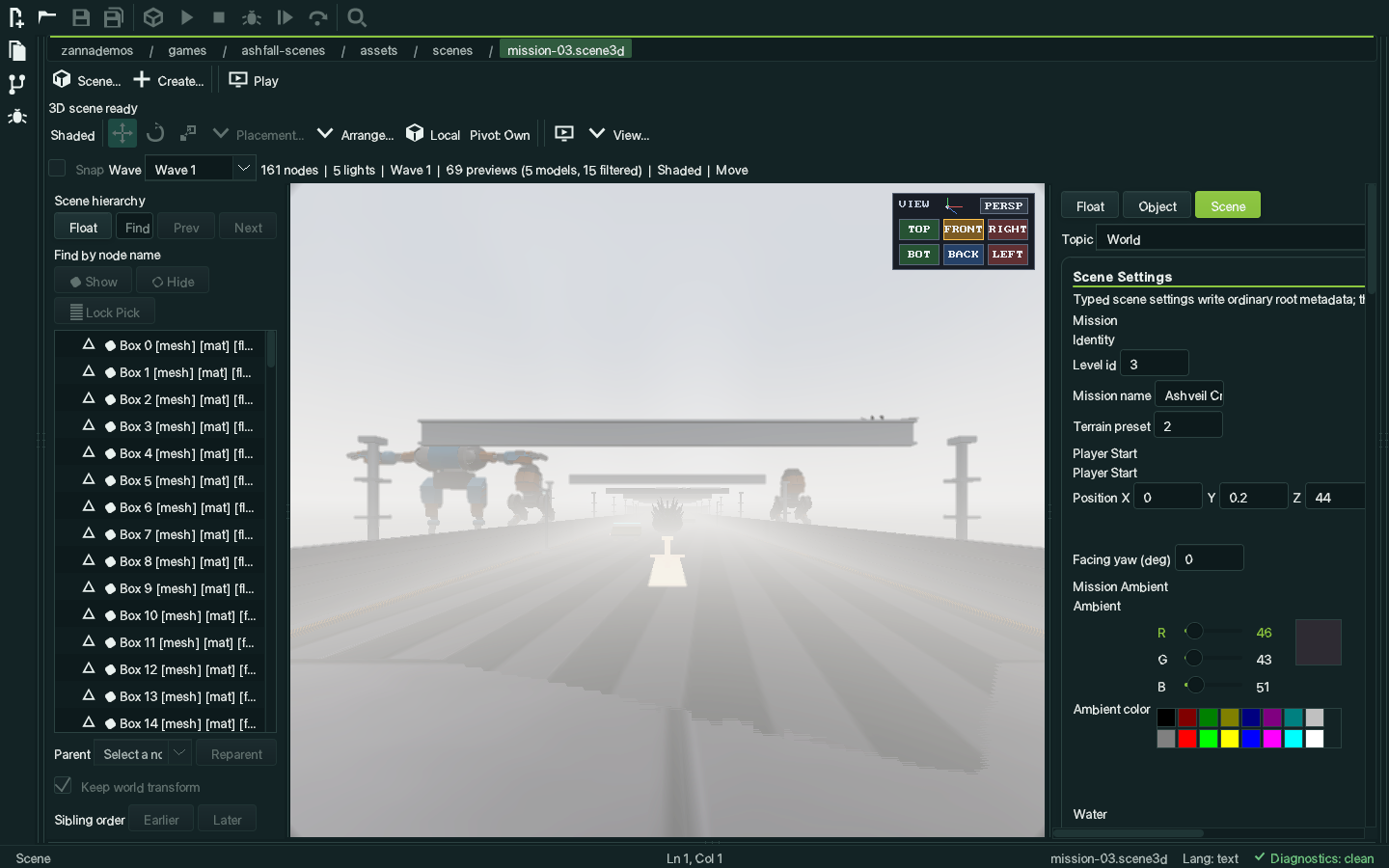 The same 3D mission with Studio's outer docks and scene chrome hidden, so the viewport takes nearly the whole window.