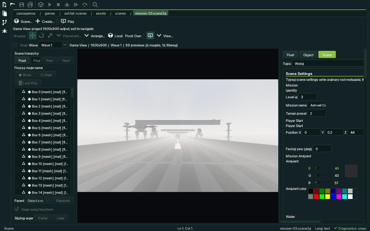 Zanna Studio in Game View on a 3D mission: a fogged road with mech silhouettes, letterboxed to the project's 1600 by 900 output aspect inside the viewport pane.