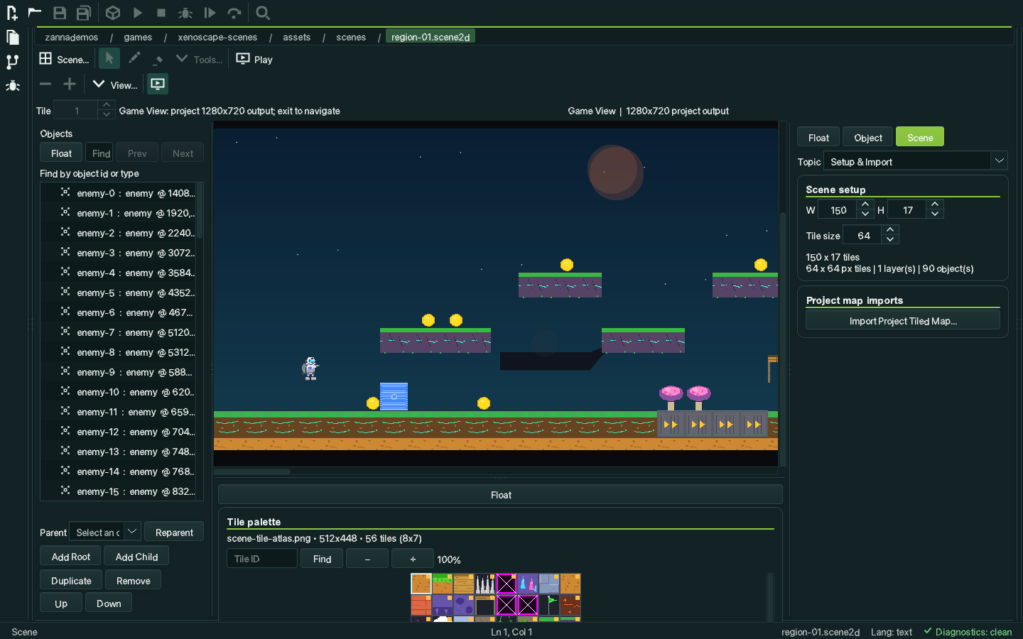 Zanna Studio showing XenoScape's first region in Game View: a platformer level with grass-topped platforms, collectible coins, mushrooms and a player character, framed at the project's 1280 by 720 output size, with the object list showing sixteen named enemies.